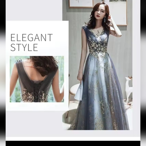 Blue, V Neck, Case Up, Ball Gown - Picture 8 of 16